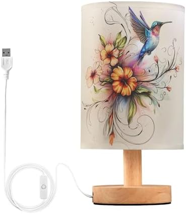 Table Lamp Hummingbird Floral Flower Nightstand Lamp with Wood Base Fabric Lamp Shade Bedside Desk Lamp for Living Room Bedroom Kids Room Office