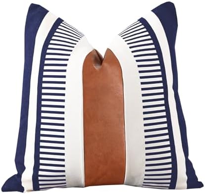 Farmhouse Throw Pillow Covers for Couch Sofa Decorative Faux Leather Square Cushion Cover Tribal Stripe Accent Pillow Case 18 x 18 Inch, Navy Blue