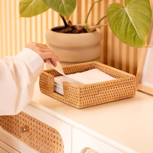 2 Pack Rattan Napkin Holder Square, Napkin Holders for Paper Napkins, 7.5" x 7.5" x 2.5", Wicker Napkin Tray, Woven Guest Towel Holder for Restaurant/Kitchen/Bathroom Napkin Holder for Table