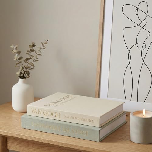 Aesthetic Decorative Books - Set of 2 Linen Boxes with Gold Lettering, Enhance Your Coffee Table, Bookshelf or Mantle Decor - Fake/Faux Books for Home Decoration, Photo & Keepsake Storage