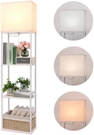 Gupuzm Floor Lamp with Shelves, Large Size Rectangle Standing Lamp with 3 Color Temperature Bulb, Corner Display Bookshelf Lamp for Living Room, Bedroom and Office（White-9W）