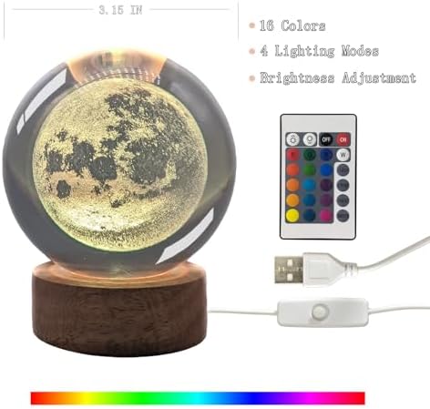 3D Moon Crystal Ball 3.15" With LED Lamp Colorful Wooden Base Night Light, Removable Glow Color Changing Light With Remote for Boy Friends (3-Moon)
