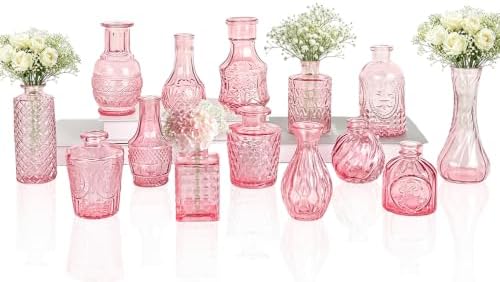 Clear Pink Glass Bud Vase Set of 14 Pcs,Small Bud Vases in Bulk,Glass Crystal Flower Vases Table Centerpieces for Party Event Wedding Decor Baby Shower Decorations (Pink, 14 Pcs)