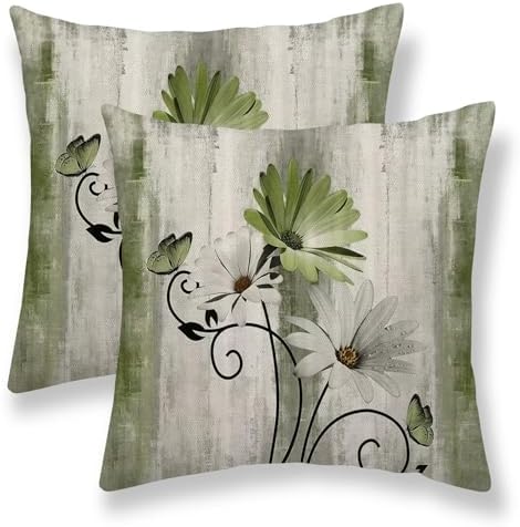 Sage Green Floral Pillow Covers 16 x 16 Inch Set of 2 Daisy Floral Butterfly Decorative Throw Pillow Covers Linen Rustic Farmhouse Cushion Cases for Home Sofa Couch Living Room Decor