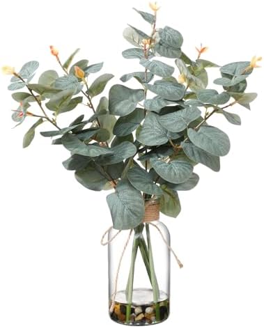 Artificial Eucalyptus Stems in Glass Vase, 15.74-in Greenery