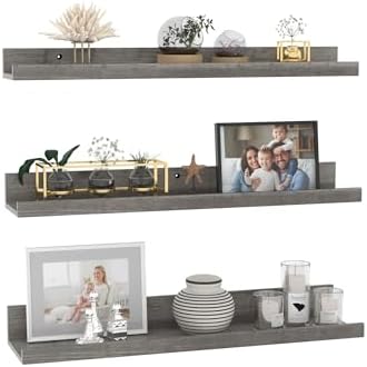 Giftgarden 24 Inch Grey Floating Shelves for Wall Mount, Gray Wood Wall Shelf Ledge for Bathroom Bedroom Living Room Kitchen Storage, Set of 3 Different Sizes