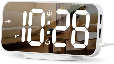 ALANAS Slim Digital Alarm Clock, Big Mirror Display with Dual USB Charger Ports, Dual Alarms, Snooze, 4-Level Adjustable Dimmer, for Bedroom, Office, Desk, Dorm, College Students, Home