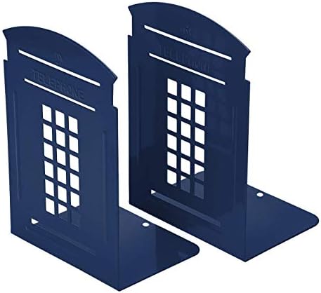 MerryNine 2 Pack Book Ends, Metal Bookends for Shelves, Telephone Booth Decorative Bookends, Non Skid Heavy Bookends, Book, Magazine or CD Organizers for Home and Office (Blue-2pcs)