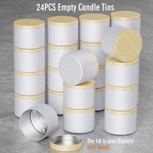 Empty Candles Tins 4 oz Candle Jars 24 pcs Candle Containers for Candle Making with Lid (White-Woodgrain, 4oz)
