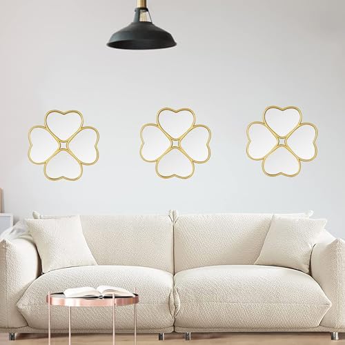 Small Decoritive Heart Wall Mirrors Set of 3, Decorative Four-Leaf Clover Mirror (Gold)