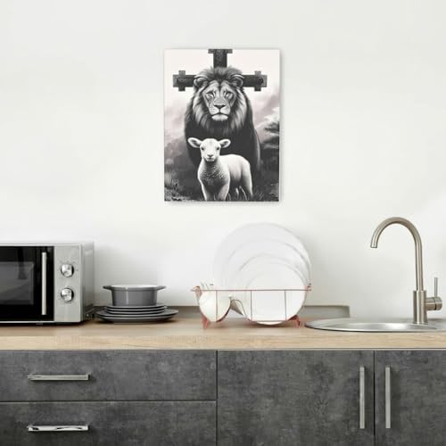 Crekviy Lion and Lamb Wall Art Lion of Judah Wall Decor Pictures Christian Canvas Prints Painting Religious Artwork Decoration for Bathroom Bedroom Living Room Framed Gifts 12"x16"