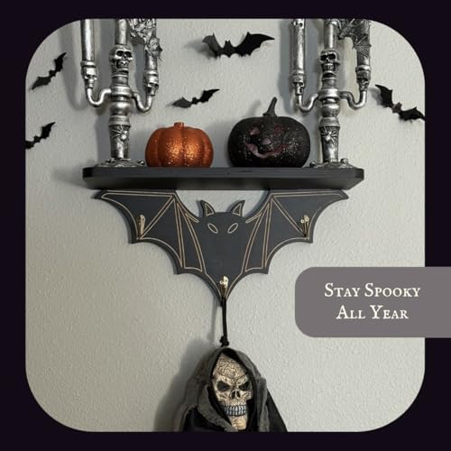 Gothic Bat Shelf Wall Decor with Hooks - Valentines Spooky Goth Themed Gifts for Adults Women with Bat Stickers - Black Floating Shelf for Bedroom Living Room - Unique Vampire Room Lovers Accessories
