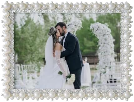 DIKAR 6x8 Wedding Picture Frame, Pearl Photo Frame with HD Acrylic Glass and Metal Frame of Large Pearls & Small Diamonds All Around, for Tabletop or Wall Display Perfect Gifts for Wedding and Anniversary