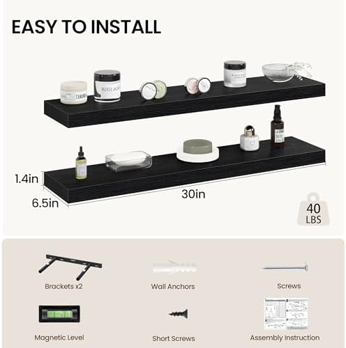 Vivelove 30 Inch Floating Shelves Wall Mounted for Display, 6.5 Deep Duty Shelves with Invisible Brackets for Living Room,Bedroom,Kitchen, Bathroom Storage & Decor,30" Wx6.5 Dx1.4 H - Black