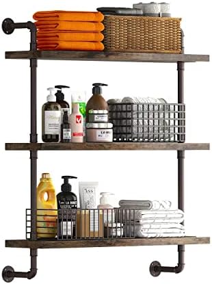 Helsin 3 Tier Industrial Pipe Shelf Rustic Wood Floating Shelves,Wall Display Bookshelf,Storage Rack Sundries Holder for Kitchen Office Bathroom Organization and Home Decor (24inch)