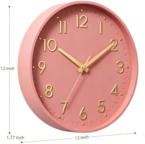 Mosewa 12 Inch Wall Clock Battery Operated Silent Non Ticking Analog | Pink Gold modern clock; oversized 3D easy-read dial for kitchen, bedroom & office; 1 AA battery (not included)