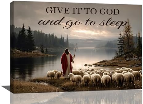 Jesus with Lamb Wall Art Jesus and Lamb Wall Decor Pictures Religious Christian Canvas Prints Painting God Faith Artwork Give it to God and Go to Sleep Decoration for Bedroom Framed Gifts 16"x24"