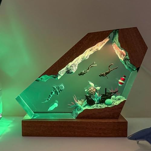 Handmade Whale Shark Resin Ocean Lamp with Wood Base