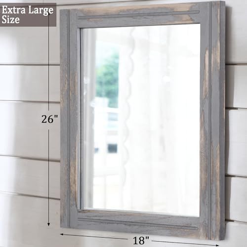 AAZZKANG Wood Framed Mirror Rectangular Rustic Wall Mirrors Decorative Large 26"x18" for Farmhouse Bathroom Living Room Bedroom Grey