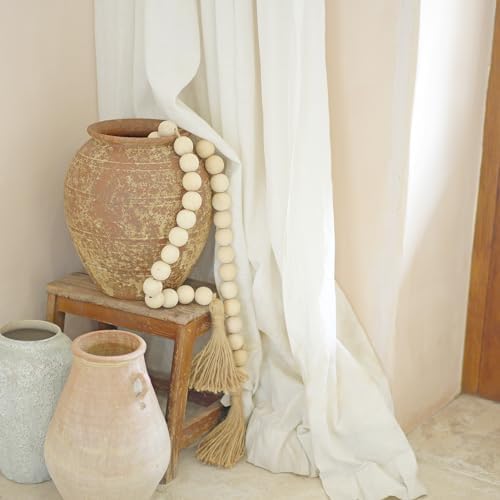Extra Large Wood Bead Garland with 1.4" Diameter Wood Beads, Wooden Beads Garland with Tassels, Decorative Beads Home Decor, Farmhouse Beads Decor (Natural, 67 Inches)