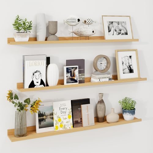 Axeman 48 Inch Floating Shelves with Lip, Set of 3 - Oak - Wall Mounted Shelves for Storage and Display - Engineered Wood - 22 lbs Weight Capacity