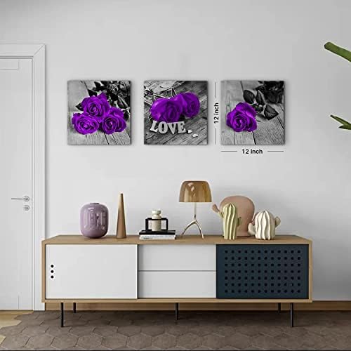 Purple Wall Decor for Bathroom Rose Flower Pictures Purple Bedroom Decor | Black and White Floral Canvas Prints Rustic Farmhouse Flower Wall Art Modern Romantic Artwork Living Room Decor 12x12" 3 Pcs