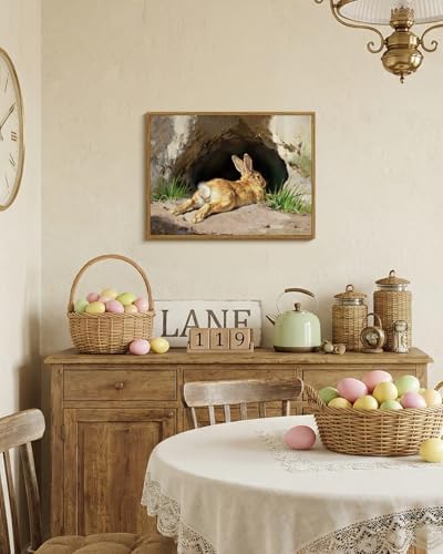 WHASAYART Vintage Framed Easter Bunny Canvas Wall Art Spring Oil Painting | 12x16 Inch Rabbit in Woodland Cave Scene Poster Print, Rustic Animal Artwork for Gift Farmhouse Living Room Bedroom Nursery