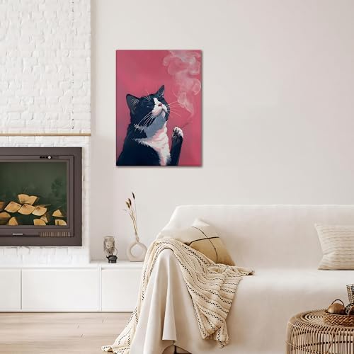 Framed Funny Black Cat Wall Art Canvas Print, pink Cool Cat Illustration Poster Wall Decor, Quirky Modern Cat Artwork for Living Room Bedroom Bathroom Kitchen Decor 12x16 Inch