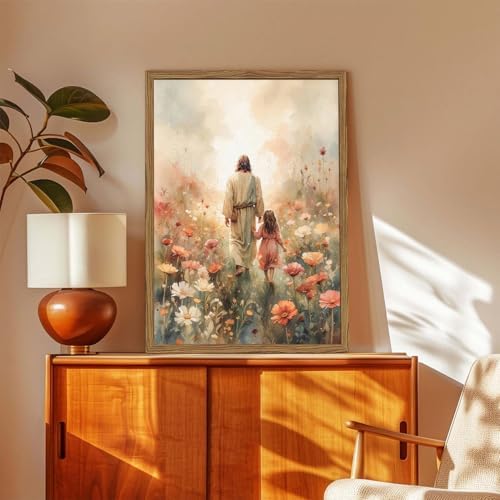 Jesus and the Girl Wall Art, Religious Jesus Painting Wall Decor Christ our Savior 3D Textured Hand Drawn Sandstone Christian Artwork for Living Prayer Room Bedroom 12x16 inch Wood Framed