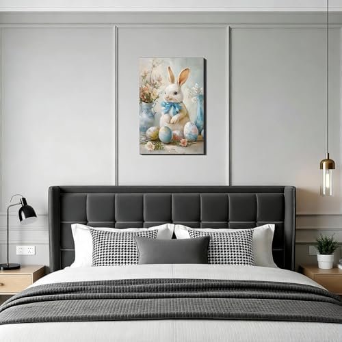 Easter Bunny with Blue Bow Canvas Wall Art, Framed Farmhouse Poster Prints for Kids Room, Cute Easter Eggs Pictures for Kitchen, Bathroom, Shelf Home Wall Decor,12x18 In
