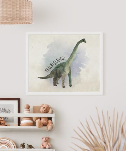 Dinosaur Wall Decor Art Prints (Set of 6) - Unframed - 8x10s | Set includes Tyrannosaurus Rex (T-Rex), Stegosaurus, Triceratops, Parasaurolophus, Apatosaurus, and Spinosaurus | Kids Wall Decor