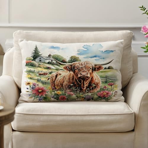 Highland Cow Decorative Throw Pillow Covers with Wildflowers 12×20 Inch Farmhouse Rustic Cushion Cover Western Cows Lumbar Pillowcase 2Pack for Couch Sofa (Green)