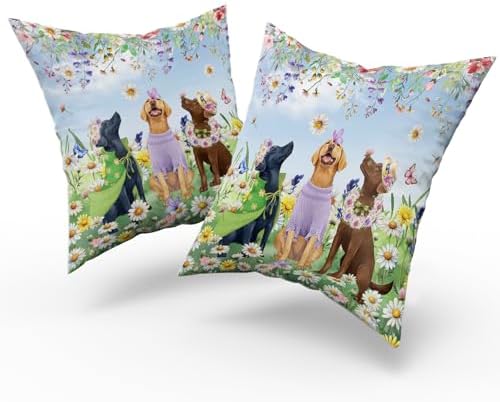Giwawa 2PCs Spring Dogs Throw Pillow Covers, 16"x16" Colorful Wildflowers Funny Puppy Decorative Square Pillow Cases, Watercolor Floral Animal Cotton Cushion Covers Sofa Porch Bedding Decor