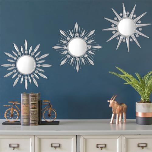 Silver Mirrors Wall Decor, Metal Sunburst Mirror Wall Art Decor Mirror | Manortang 9 inch Home Christmas Decoration Rhinestone Small Mirror for Living Room Entryway Set of 3