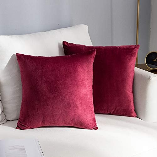 Stellhome New Year/Christmas Decorations Velvet Throw Pillow Covers Square Super Soft Pillowcase for Bed Couch Sofa Bench, 18 x 18 inch (45 cm), Burgundy, Pack of 2