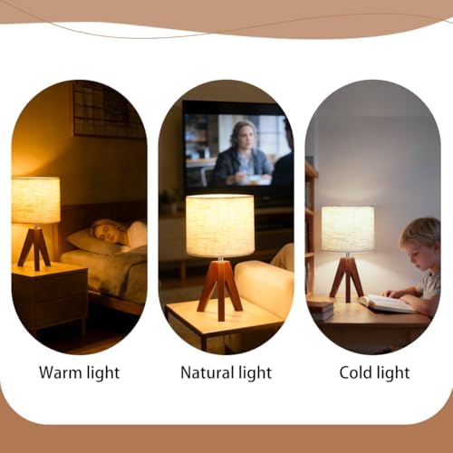 Tripod Table Lamp, Small Bedside Night Stand Lamp with 3 Colors, Decorative Lamp for Bedroom, Nursery, Living Room (Bulb Included) (Espresso Wood)