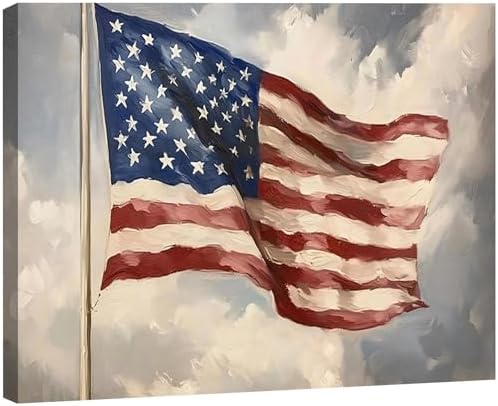 Vintage American Flag Framed Canvas Wall Art 20x30in, Patriotic Oil Painting Canvas Print, 4th of July Independence Day Wall Decor for Living Room, Bedroom, Office, Made in USA