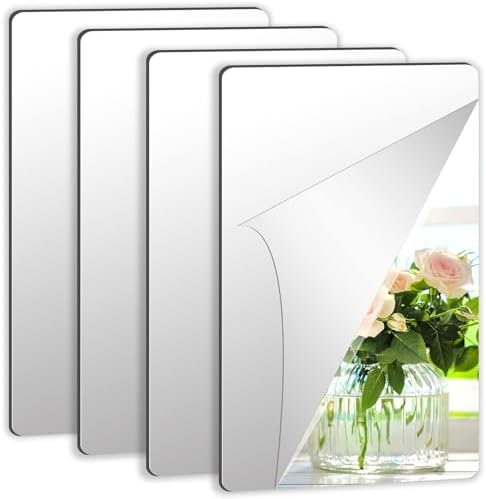 JUNEBRUSHS 4 Pack Self Adhesive Acrylic Mirror, 6X 9 Inch Mirror Tiles | Flexible Plastic Mirrors Sheets Wall Stickers,2MM Thick Mirrors,Frameless Small Mirror