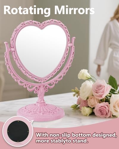 Heart Shaped Cute Vanity Princess Mirror for Desk,Double-Sided Rotatable Table with Stand Downtown Girl Room Coquette Decor (Pink)