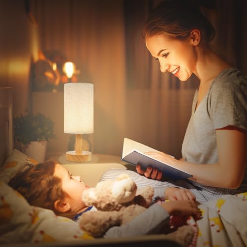 Small Bedside Table Lamp for Bedroom,Natural Round Wood Base&Fabric Linen Shade,Cozy Night Table Light for Study Reading,Minimalist Boho Desk Lamp for Nightstand,Living Room,Nursery,Kitchen,Dorm
