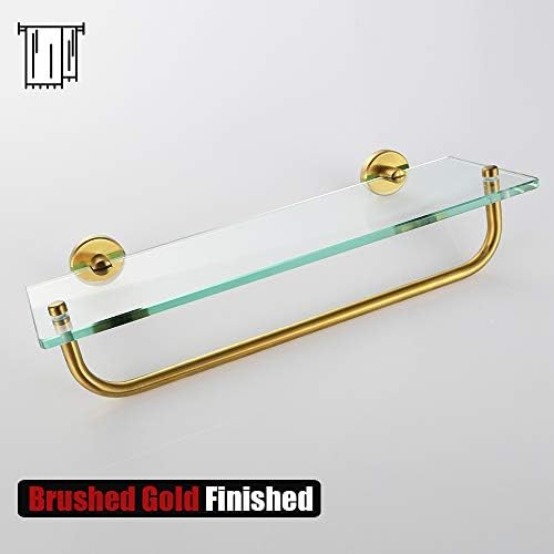 JQK Bathroom Glass Shelf, Shelf with 16 Inch Towel Bar Tempered Glass Shower Storage 16 by 5 inches, 304 Stainless Steel Brushed Gold Wall Mount, TGS100-BG