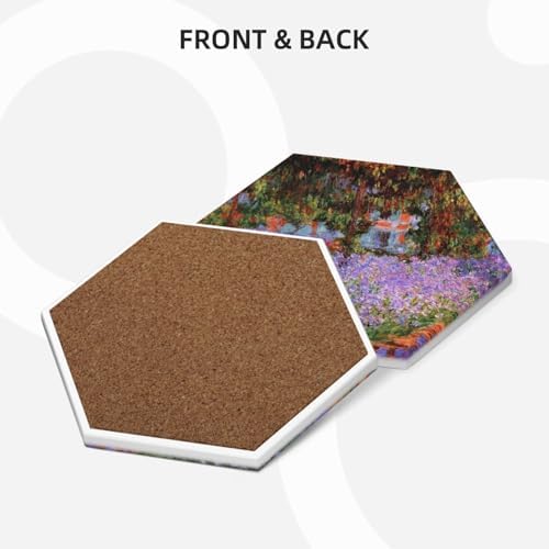 Coaster for Drinks Set of 6,Famous Claude Monet Paintings Absorbent Round Ceramic Stone Mat, with Cork Base and Metal Holder, Gift for Housewarming Room Bar Decor