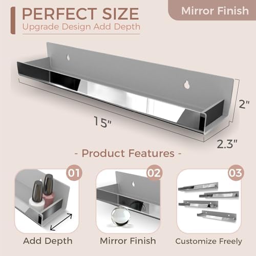 4 Pack 15 Inch Black Reflective Acrylic Floating Wall Shelves