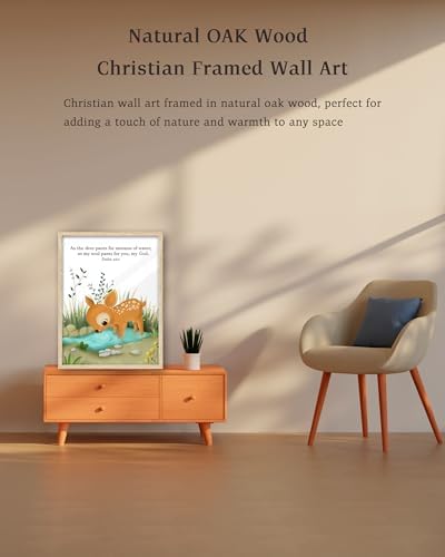 KensTro 12x16 Oak Framed Psalm 42:1 Deer Christian Wall Art | Natural Oak Wood Frame with Psalm 42:1 Deer and Stream Scripture Art for Bedroom, Office, Hallway or Prayer Space
