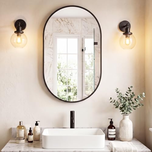 DUMOS 20" x 30" Oval Bathroom Mirror, Black Wall Mirrors with Metal Frame | Tempered Glass, Morden Vanity Mirror for Over Sink, Entryway, Living Room, Bedroom, Horizontal or Vertical