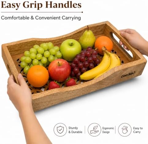 Natural Wooden trays, Serving Bowl for Salad, Veggies and Fruits, Large Deep for Family, Party (Lattice Design)