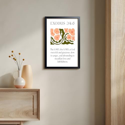 Framed Exodus 34:6 Bible Verse Wall Art, Christian Floral Canvas Wall Decor Painting, Boho Floral Religious Inspirational Scripture Print Poster Picture for Living Room Bedroom Prayer Home Decor 16x24 Inch