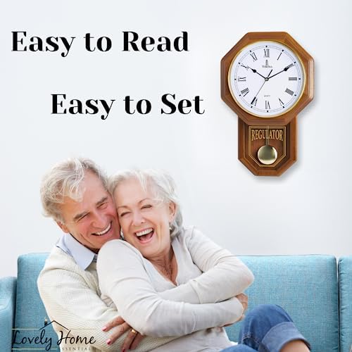 Pendulum Wall Clock Battery Operated, Real Wood Regulator Clock, Quiet