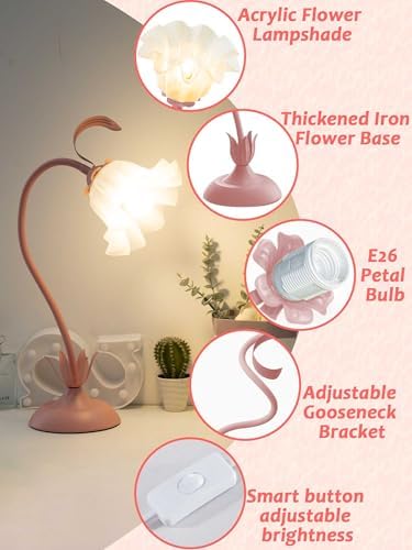 Flower Table Lamp, LED Reading Light Bedside Vintage Night Light (Pink)