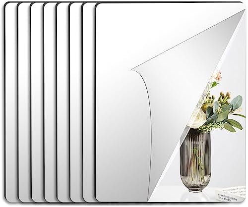 JUNEBRUSHS 8 Pack Self Adhesive Acrylic Mirror, 12x16 Inch Mirror Tiles | Flexible Sheets Wall Stickers, Frameless Small Mirror, 2MM Thick Mirror
